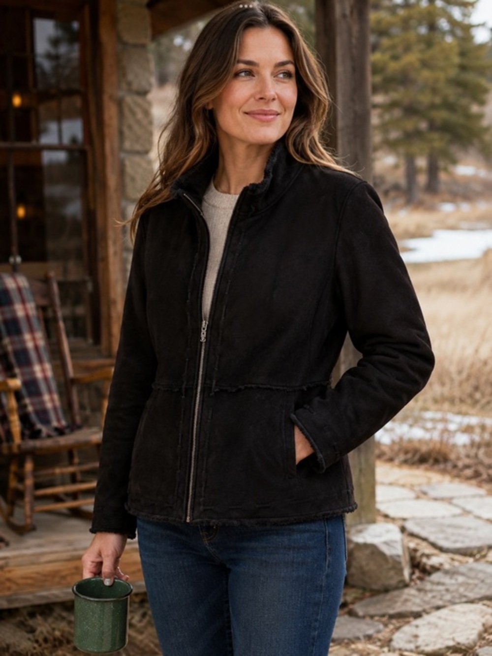 Cabela’s  Black Soft Faux Suede full zip pile Sherpa  lining  Coat in Large